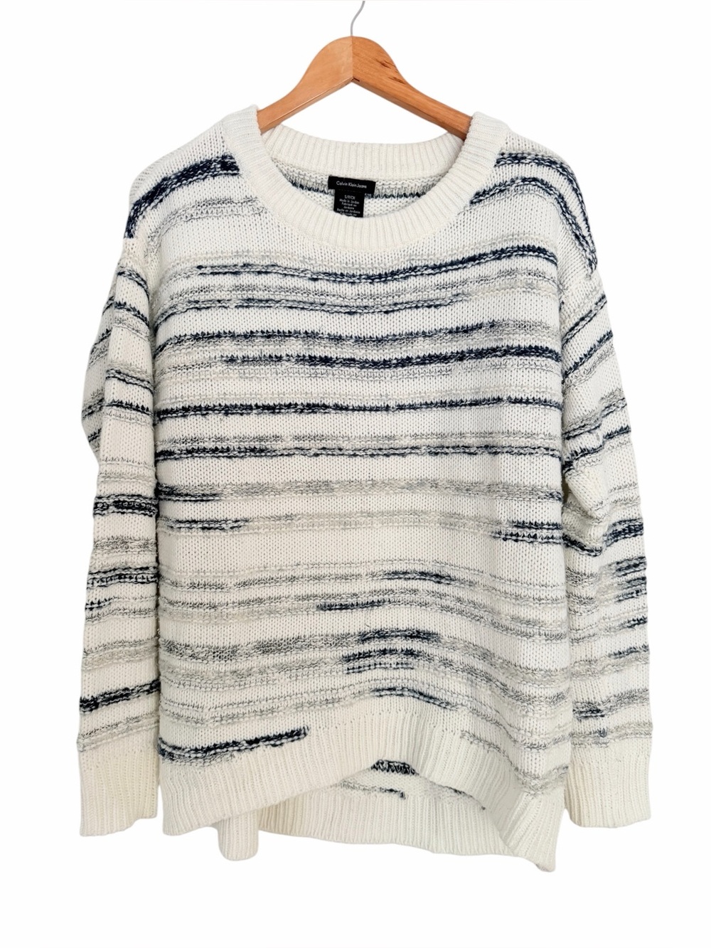 Calvin Klein Coastal-Style Textured Crewneck Sweater Cream Navy Stripes Sz SP